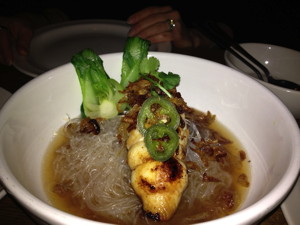 shiso + enoki stuffed dover sole, glass noodles, tamarind-ginger broth