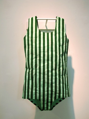 Phranc Green Striped Swimsuit 2011 Kraft paper , tempura, gouache and thread 26 x 14 x 3”