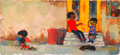 Ezra Jack Keats, "Archie laughed and said, 'We sure fooled 'em, didn't we?' " Final illustration for Goggles!, 1969. Paint and collage on board. Ezra Jack Keats Papers, de Grummond Children's Literature Collection, McCain Library and Archives, The University of Southern Mississippi. Copyright Ezra Jack Keats Foundation.