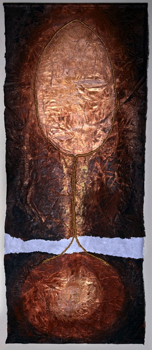 The Golden Thread Inks & acrylic on silk & rice paper with thread 75” x 32”