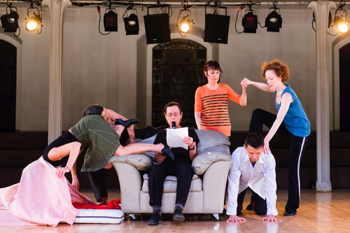 Assisted Living: Do you have any money?, Yvonne Rainer, 2013. Performers, left to right: Patricia Hoffbauer, Emmanuèlle Phuon, Yvonne Rainer, Pat Catterson, Keith Sabado, and Emily Coates. Photo by Ian Douglas.