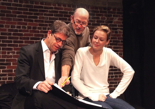 Playwright Allen Barton, director Joel Polis and actress Carter Scott in rehearsal. (Photo by Ed Krieger.)
