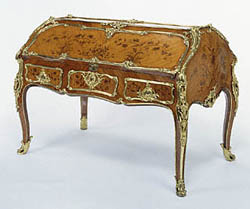 Double Desk, stamped by Bernard van Risenburgh II, about 1750, French. Oak veneered with tulipwood, bois satiné, and kingwood; gilt-bronze mounts. J. Paul Getty Museum.