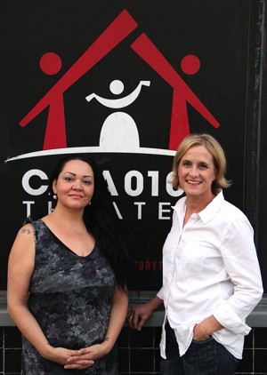 (l to r) Playwrights Josefina López and Kathy Fischer in front of CASA 0101 Theater - Photo by Steve Moyer.
