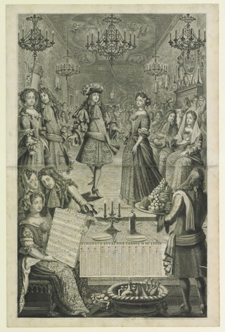 Almanac for the Year 1682 (Le bal à la françoise), 1681, Unknown printmaker, Publisher: Pierre Landry (French, ca. 1630– 1701), Engraving and etching with letterpress calendar, Bibliothèque nationale de France, Département des Estampes et de la Photographie Photo credit: BnF.