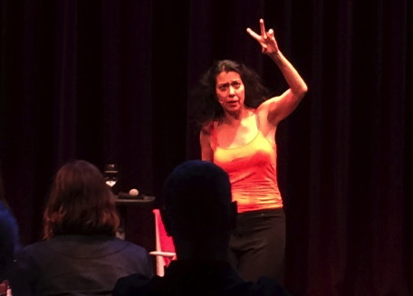 Sandra Tsing Loh in a one-woman comedy show "The B**** is Back: An All-Too Intimate Conversation." curtain call photo.