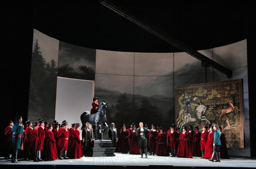 Act 1 Scene 2 set with Silvestrelli (far left),  Semenchuk (on horseback), Sumegi (in black) and Fabiano (in green on the far right). All photos  ©Cory Weaver/San Francisco Opera. 
