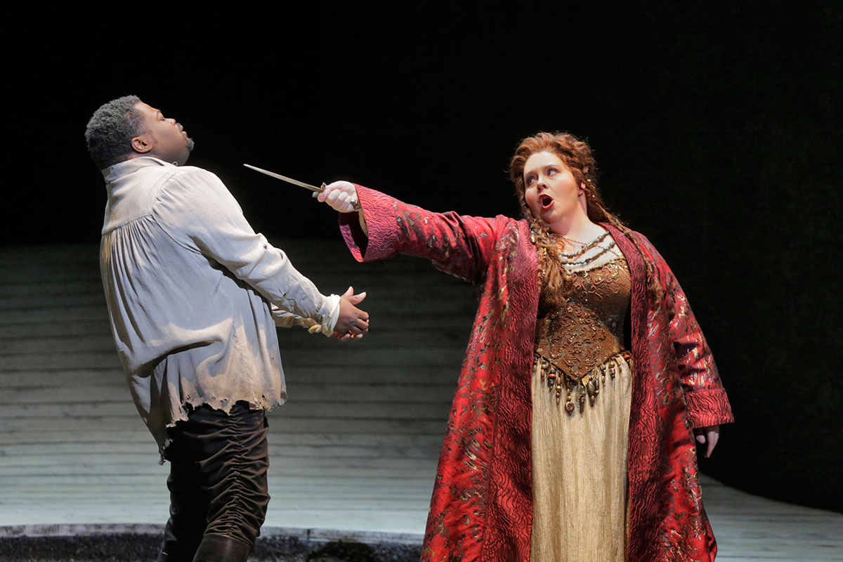 Russell Thomas as Pollione and Angela Meade in the title role of LA Opera's 2015 production of "Norma." (Photo: Ken Howard)