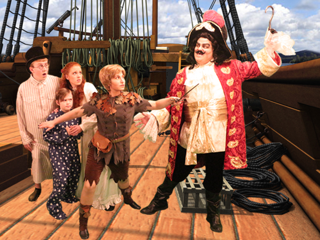 Left to right: Chase Taylor, Kate Ragan, Zac Taylor, Carlye Gossen and Joshua Goldberg in ‘Peter Pan’ at the Woodlawn Theatre.