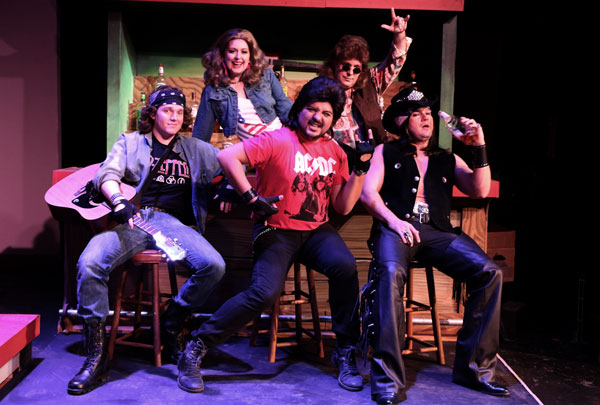 Left to right: Brian Hodges, Amanda Golden, Isidro Medina, David Blazer and Anthony Cortino in ‘Rock of Ages’ at the Woodlawn Theatre. Photo by Siggi Ragnar.