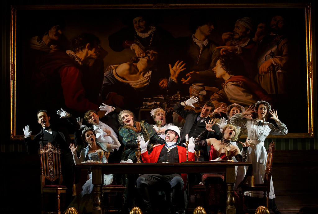 National Touring Company. The cast with John Rapson as Lord Adalbert DYsquith (red) in a scene from A Gentlemans Guide to Love & Murder. Directed by Darko Tresnjak, A Gentlemans Guide to Love & Murder is part of the Center Theatre Group/Ahmanson Theatres 2015-2016 season and will be presented March 22 through May 1, 2016. For season tickets and information, please visit CenterTheatreGroup.org or call (213) 972-4444. Contact: CTGMedia@CenterTheatreGroup.org / (213) 972-7376 Photo by Joan Marcus.